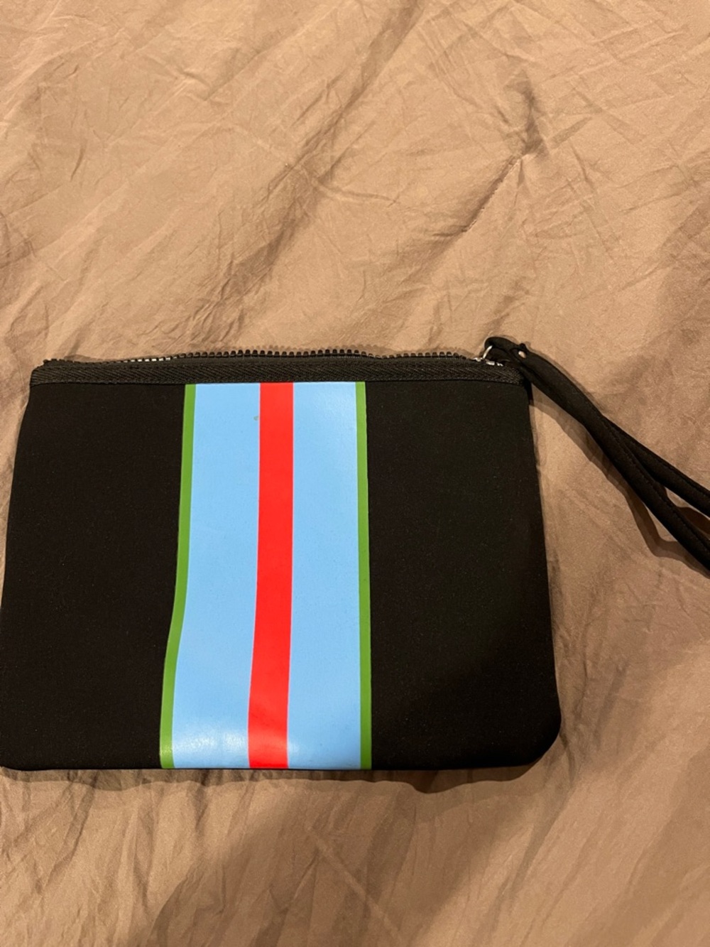 Cynthia Rowle GO neoprene Black Wristlet Pouch with Blue and Red Stripe